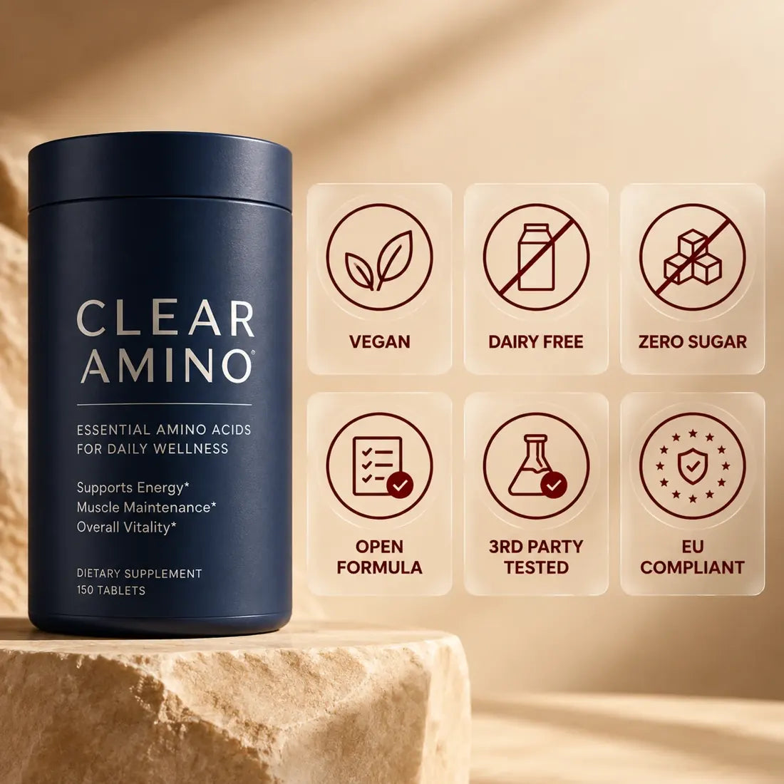 Clear Amino: vegan, dairy free, zero sugar, open formula, 3rd party tested, EU compliant