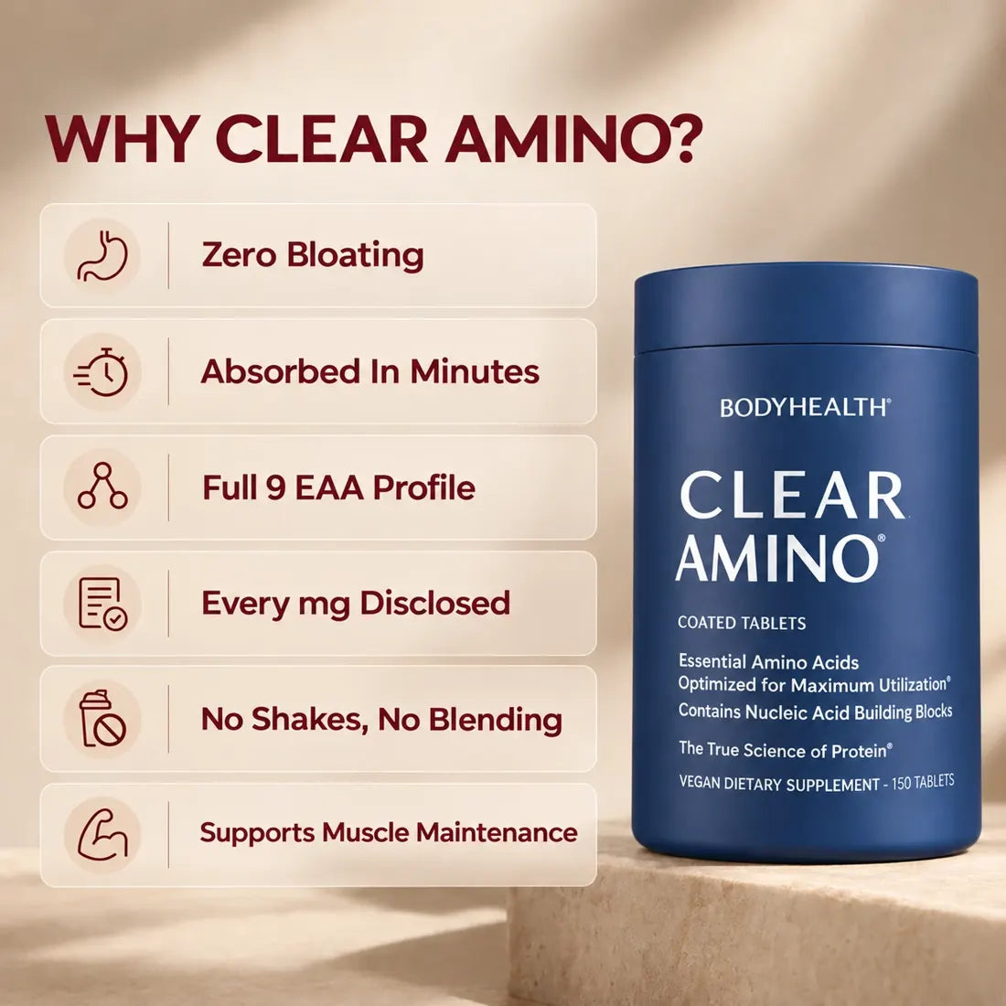 Why Clear Amino: zero bloating, absorbed in minutes, full 9 EAA profile